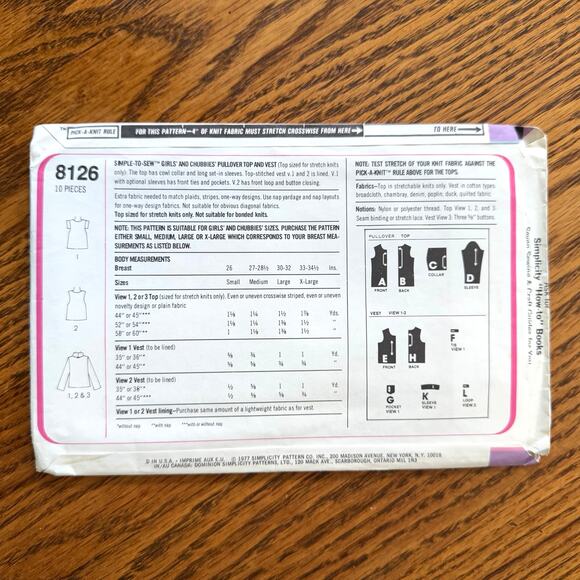 UNCUT Vintage 1970s Simplicity 8126 Sewing Pattern Girls Size Med Top & Vest - Picture 2 of 2